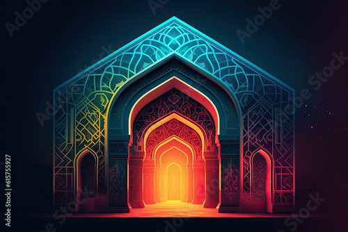 an arabic mosque with colorful lights on the door and windows in the background is a dark sky, there's no place to