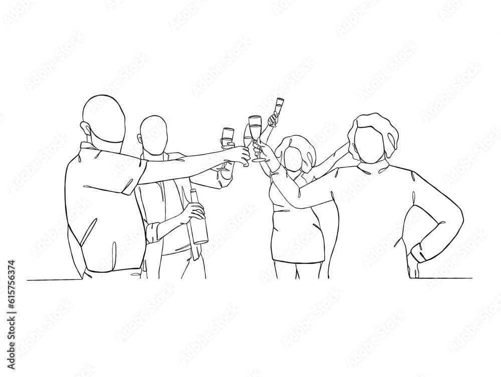 Continuous one line drawing of people cheering glasses of wine. Vector illustration. Continuous one line drawing of people cheering glasses of wine. Vector illustration.