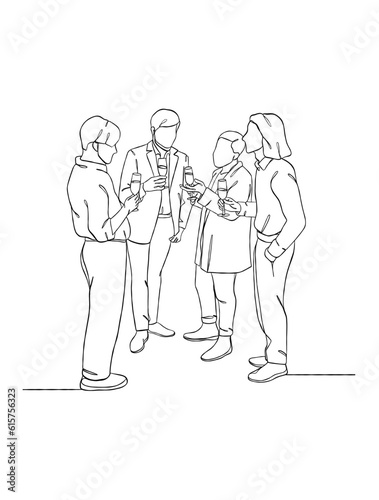 Continuous one line drawing of people cheering glasses of wine. Vector illustration.