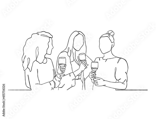 Continuous one line drawing of people cheering glasses of wine. Vector illustration.