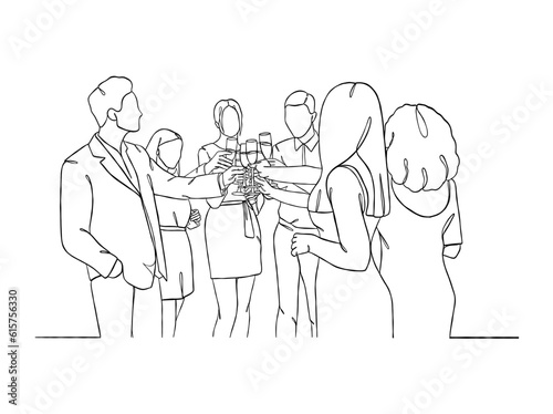 Continuous one line drawing of people cheering glasses of wine. Vector illustration.