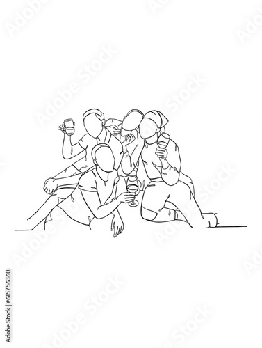 Continuous one line drawing of people cheering glasses of wine. Vector illustration.