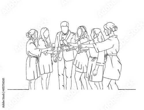 Continuous one line drawing of people cheering glasses of wine. Vector illustration.