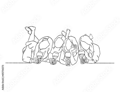 Continuous one line drawing of people cheering glasses of wine. Vector illustration.