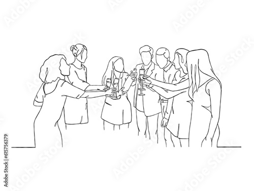 Continuous one line drawing of people cheering glasses of wine. Vector illustration.