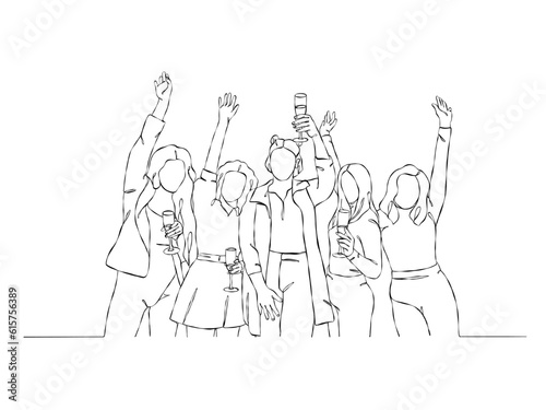 Continuous one line drawing of people cheering glasses of wine. Vector illustration.