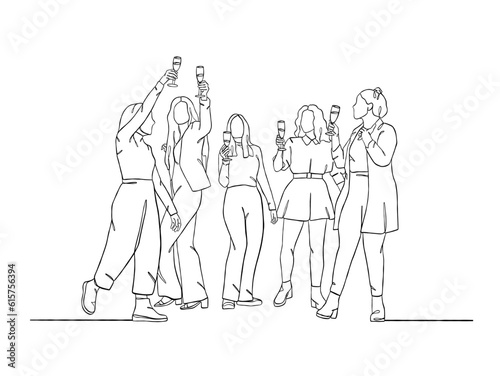 Continuous one line drawing of people cheering glasses of wine. Vector illustration.