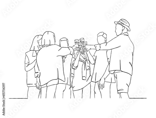 Continuous one line drawing of people cheering glasses of wine. Vector illustration.