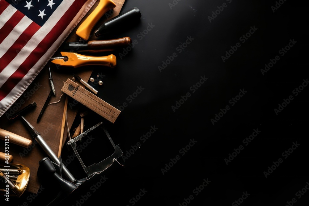 Construction and manufacturing tools with patriotic US, USA, American flag on dark black with copy space background. Generative AI Construction and manufacturing tools with patriotic US, USA, American flag on dark black with copy space background. Generative AI