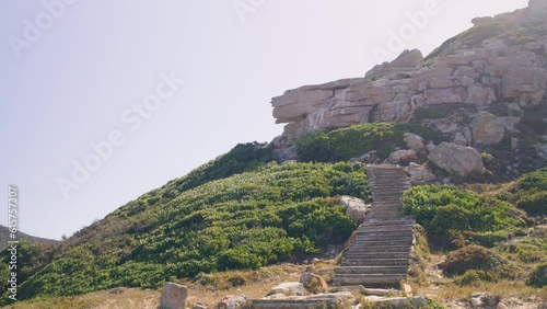Wooden stairs leading uphill surrounded by rocks and bushes at cape point national park