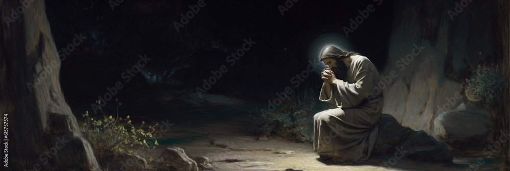 Jesus Christ prays, prayer in the Garden of Gethsemane. The Passion of Jesus Christ