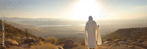 Fotobehang Jesus Christ is in prayer, walking through the desert to preach