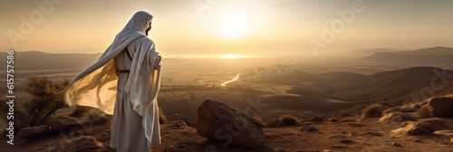 Jesus Christ is in prayer, walking through the desert to preach Fototapet
