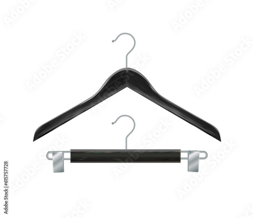 Black wooden clothes hangers isolated on white background. Wooden hanger Realistic vector clothes hanger wooden hanger closeup isolated on background. Vector