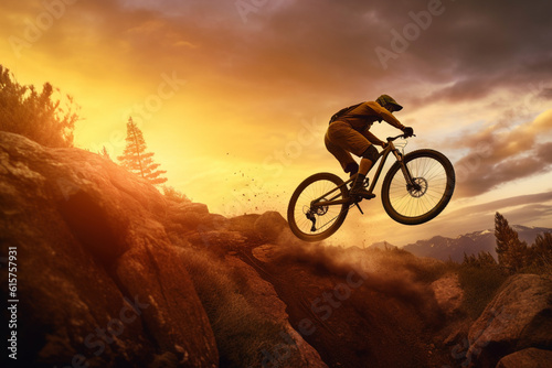 The captivating silhouette of a rider on a mountain bike, leaping over a natural obstacle, with the stunning golden sunset as a backdrop, Generative AI technology. photo