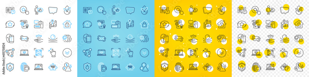 Vector icons set of Waterproof, Scroll down and Touchscreen gesture line icons pack for web with Deflation, Map, Cogwheel outline icon. Chat message, Like, Refresh mail pictogram. Vector