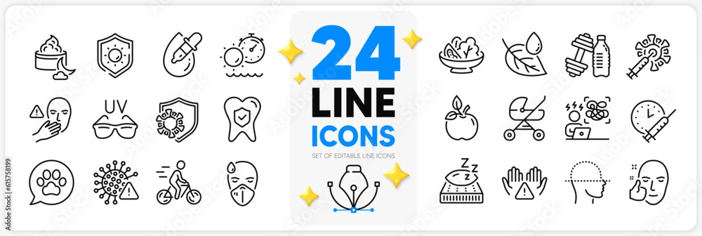 Icons set of Face scanning, Clean hands and Dumbbell line icons pack for app with Sick man, Leaf dew, Night cream thin outline icon. Dental insurance, Coronavirus, Pets care pictogram. Vector
