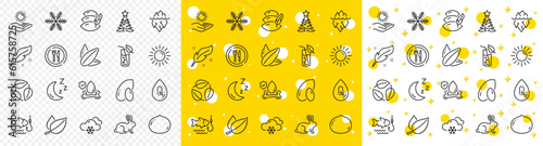 Outline Animal tested, Leaves and Water glass line icons pack for web with Feather, Macadamia nut, Moon line icon. Snowflake, Peanut, No alcohol pictogram icon. Sun protection, Fishing, Pillow. Vector