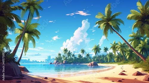 Tropical beach and palm trees with sunny ocean vacation illustration style. generated ai