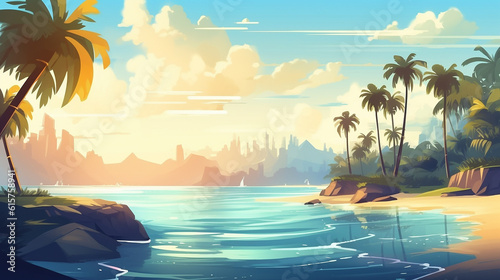 Tropical beach and palm trees with sunny ocean vacation illustration style. generated ai