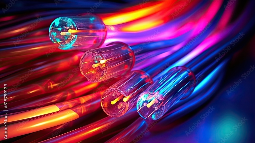 colored electric cables and led. optical fiber, intense colors, background for technology image and new business trends created generative ai colored electric cables and led. optical fiber, intense colors, background for technology image and new business trends created generative ai