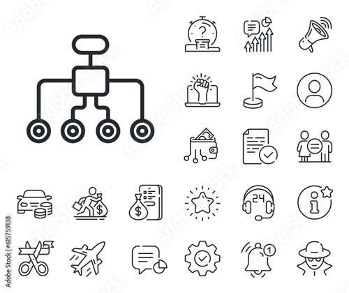 Business architecture sign. Salaryman, gender equality and alert bell outline icons. Restructuring line icon. Delegate symbol. Restructuring line sign. Spy or profile placeholder icon. Vector