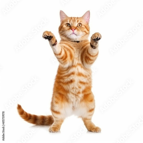Funny dancing cat isolated on white background. The cat stands on its hind legs in full height, as if dancing or drunk. Generative AI © myAstock