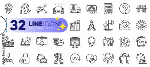 Outline set of Lock, Delivery truck and Car wash line icons for web with Excise duty, Love letter, Parking place thin icon. Friends couple, Calculator, Christmas tree pictogram icon. Vector