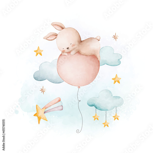 Watercolor illustration baby rabbit and balloon with cloud and stars