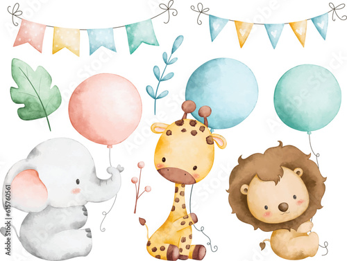 Leinwand Poster Watercolor illustration set of baby animals and balloon