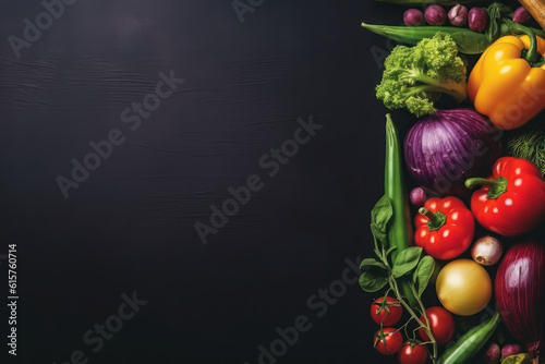 Vegetables on a dark background, top view. Background with copy space on the left. AI generative.