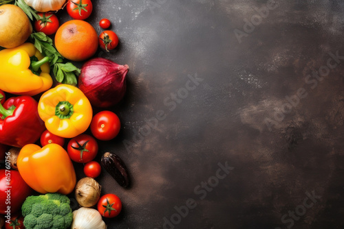 Vegetables on a dark background, top view. Background with copy space on the right. AI generative.