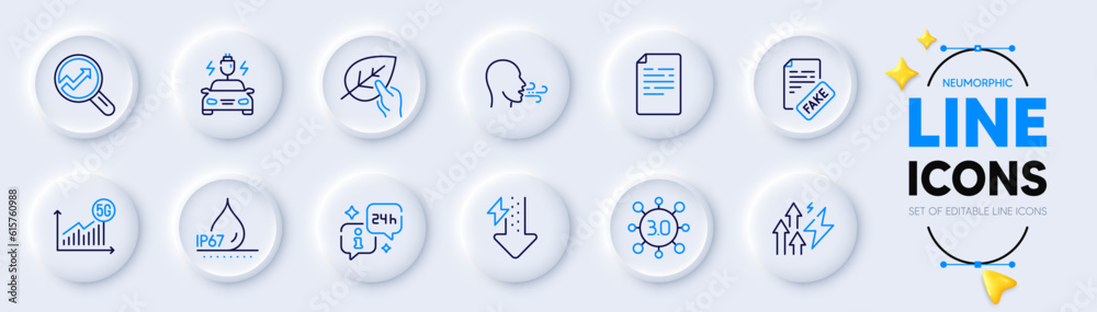 Document, Organic tested and Energy drops line icons for web app. Pack of Info, Breathing exercise, Analytics pictogram icons. Car charging, Waterproof, Fake news signs. Energy inflation. Vector