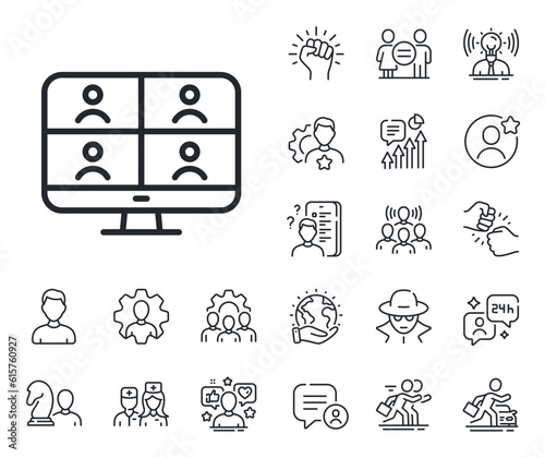 Online training sign. Specialist, doctor and job competition outline icons. Virtual conference line icon. Video team presentation symbol. Video conference line sign. Vector