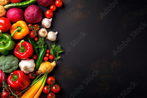 Vegetables on a dark background  top view. Background with copy space. AI generative.