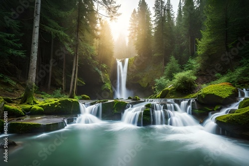 waterfall in the forest  sunrise with waterfall in the rain forest