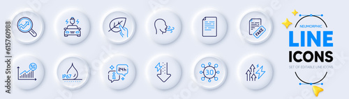Document, Organic tested and Energy drops line icons for web app. Pack of Info, Breathing exercise, Analytics pictogram icons. Car charging, Waterproof, Fake news signs. Energy inflation. Vector