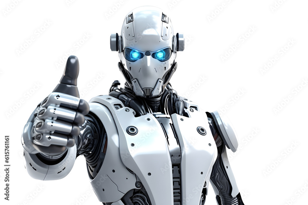 A robot, cyber giving thumbs up isolated on white and transparent background, created with Generative AI technology A robot, cyber giving thumbs up isolated on white and transparent background, created with Generative AI technology