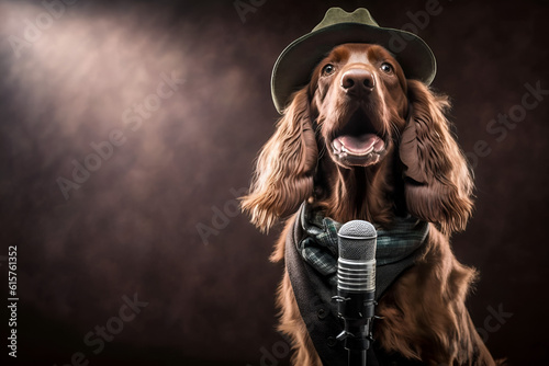 Dog breed Irish Setter sings with a microphone on stage.