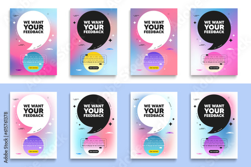 We want your feedback tag. Poster frame with quote. Survey or customer opinion sign. Client comment. Your feedback flyer message with comma. Gradient blur background posters. Vector