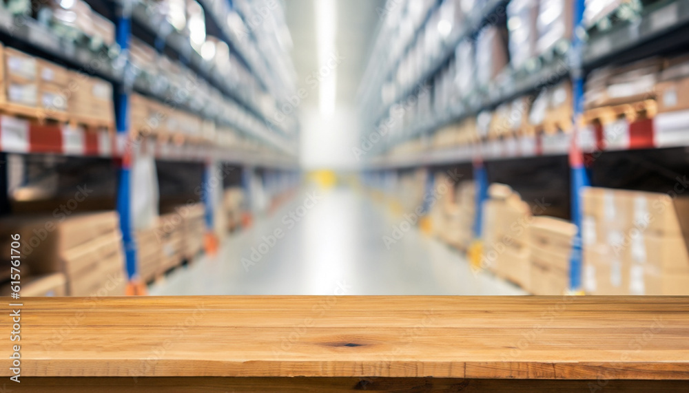 Wood table floor scene of warehouse inventory in defocus blur background style copy space for product display decorate design.