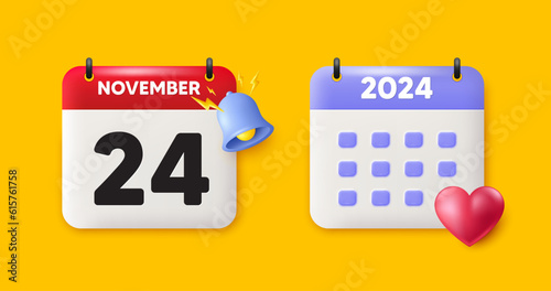 Calendar date 3d icon. 24th day of the month icon. Event schedule date. Meeting appointment time. 24th day of November month. Calendar event reminder date. Vector