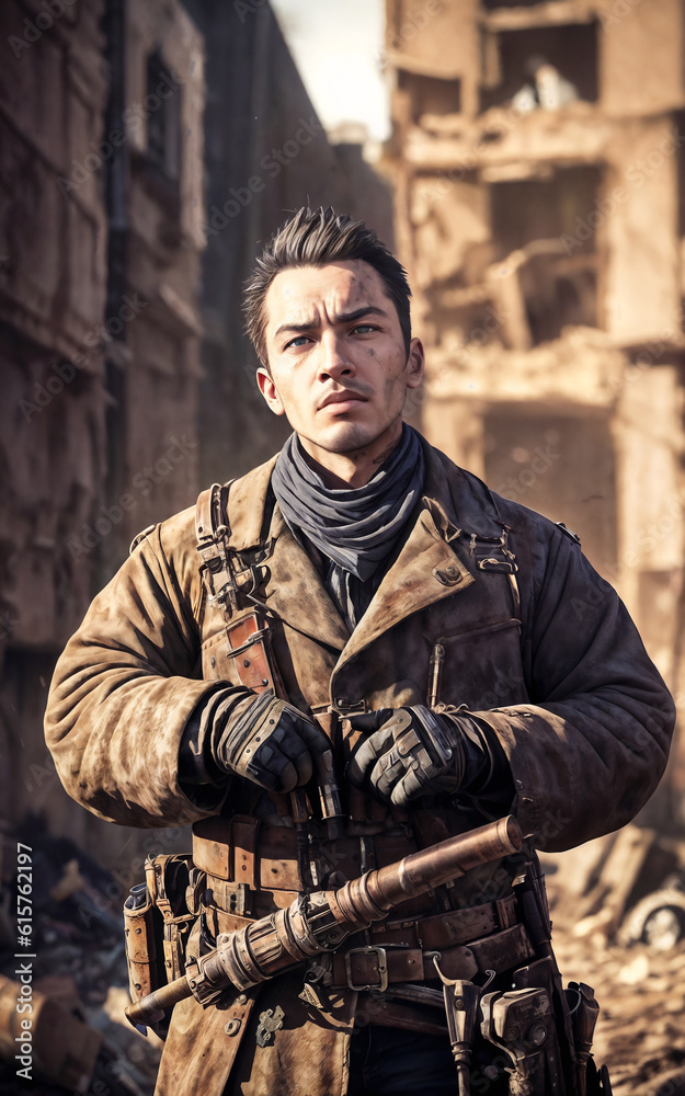 Obraz premium photo portrait of survive army people at apocalypse city, generative AI