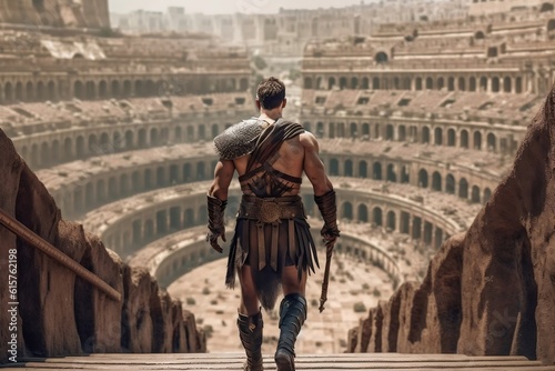 Stampa su tela Ancient Roman Gladiator Entering the Colosseum - Back View. AI