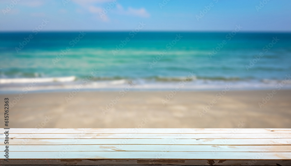 Fototapeta premium White wooden table top on blur the blue sea or beach. Summer daytime concept. For montage product display or design key visual layout. View of copy space.
