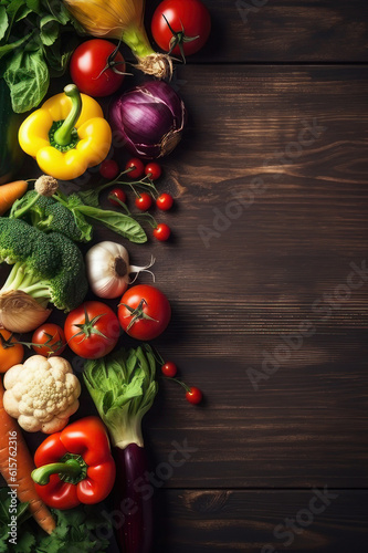 Vegetables on a wooden background. Background with copy space, vertical. AI generative.