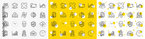 Outline Time, Face biometrics and Thunderstorm weather line icons pack for web with Dollar rate, Computer, Electricity factory line icon. Transform, Time change. Yellow design with 3d stars. Vector