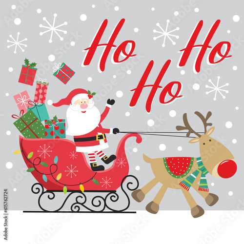 christmas greeting card with santa claus, reindeer and sleigh