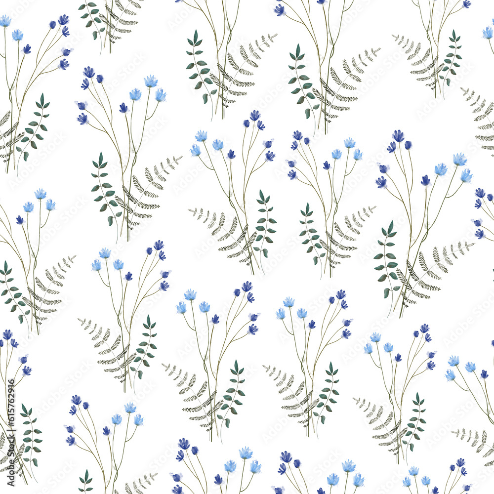 Seamless pattern with forest watercolor herbs. Wildflowers.