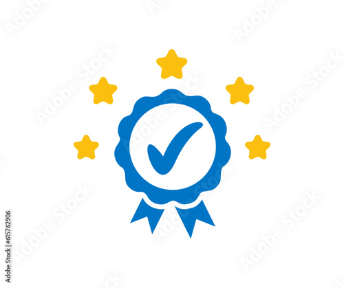 Approval check icon with stars, approved or verified medal icon. Certified badge symbol, quality certification rating sign vector design and illustration.
